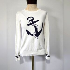 1901 White Sweater With a Nautical Navy Anchor Design. Size XS